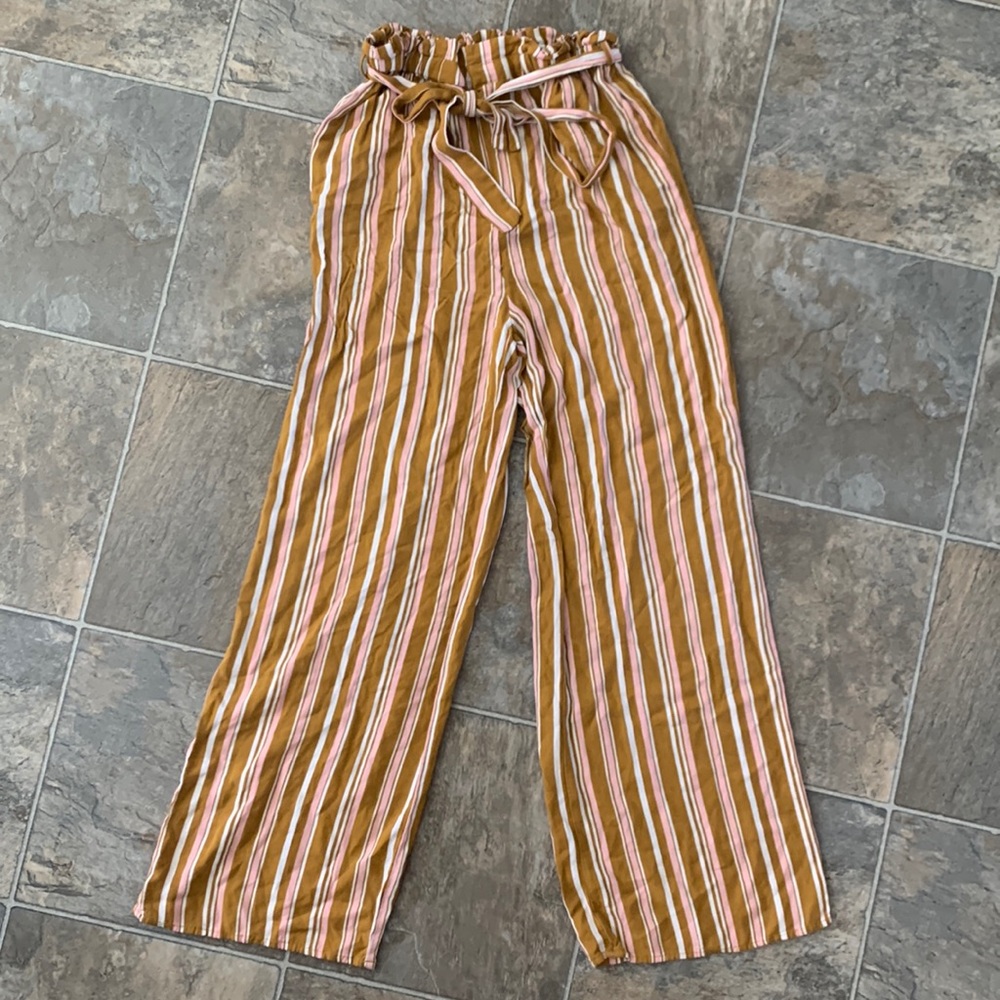 Mustard, pink, and white striped pants